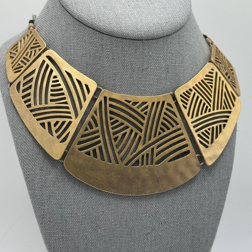 Chunky Geometric Statement Necklace Gold Tone Bib‎ Collar - Picture 3 of 6